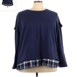 Lane Bryant Navy Blue Plaid Layer Women's 26 / 28 Ruffle Sleeve Long Sleeve Top